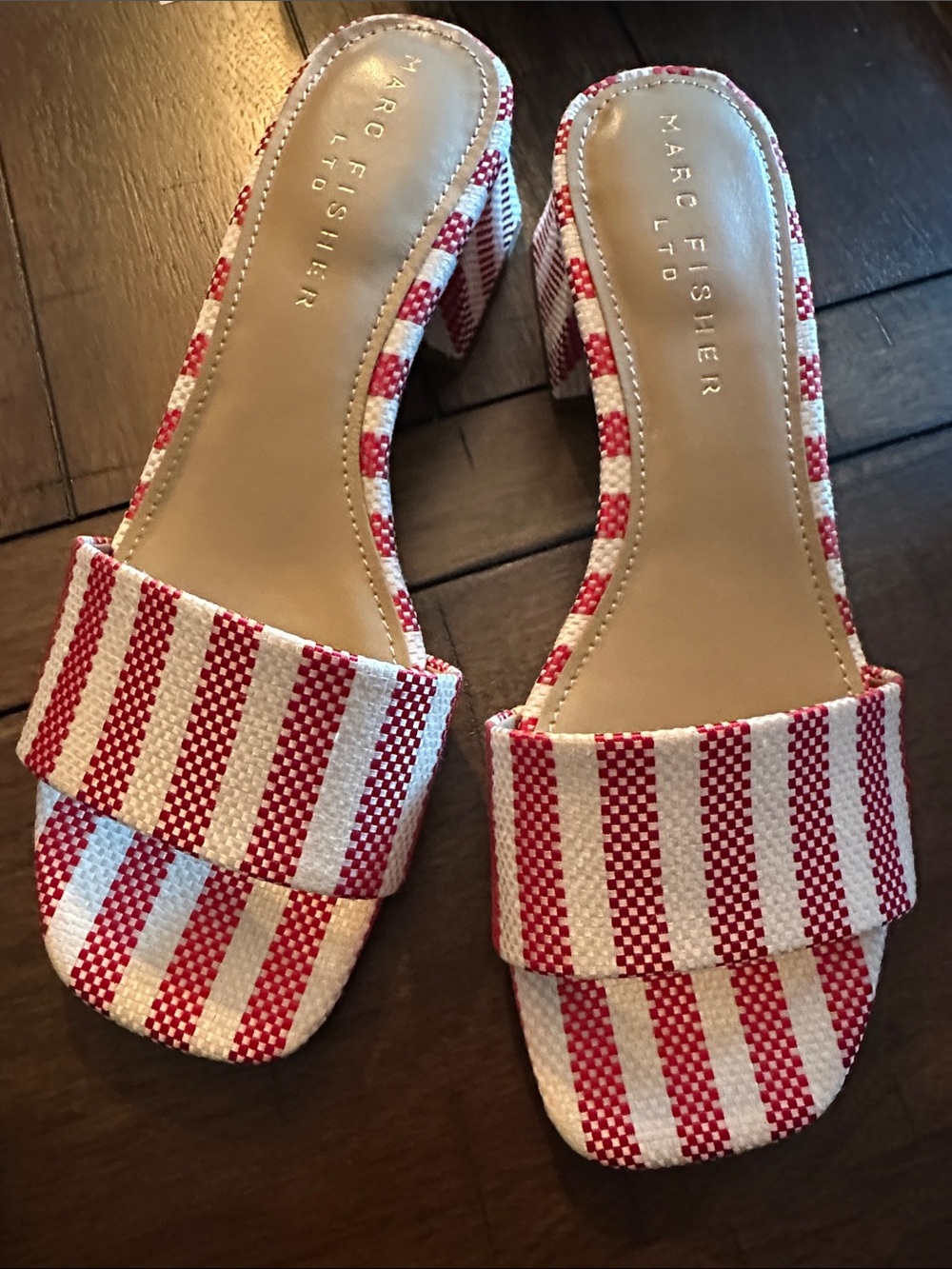 Marc Fisher Red & White Striped Block Heel Slide Mules